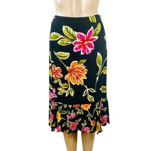Chico's Design Black Floral Skirt with bottom ruffle Sz S Chico’s Sz 1 waist:26”